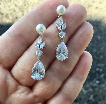 Perla - Pearl and Cubic Zirconia Bridal Earrings - Available in Silver, Rose Gold and Yellow Gold