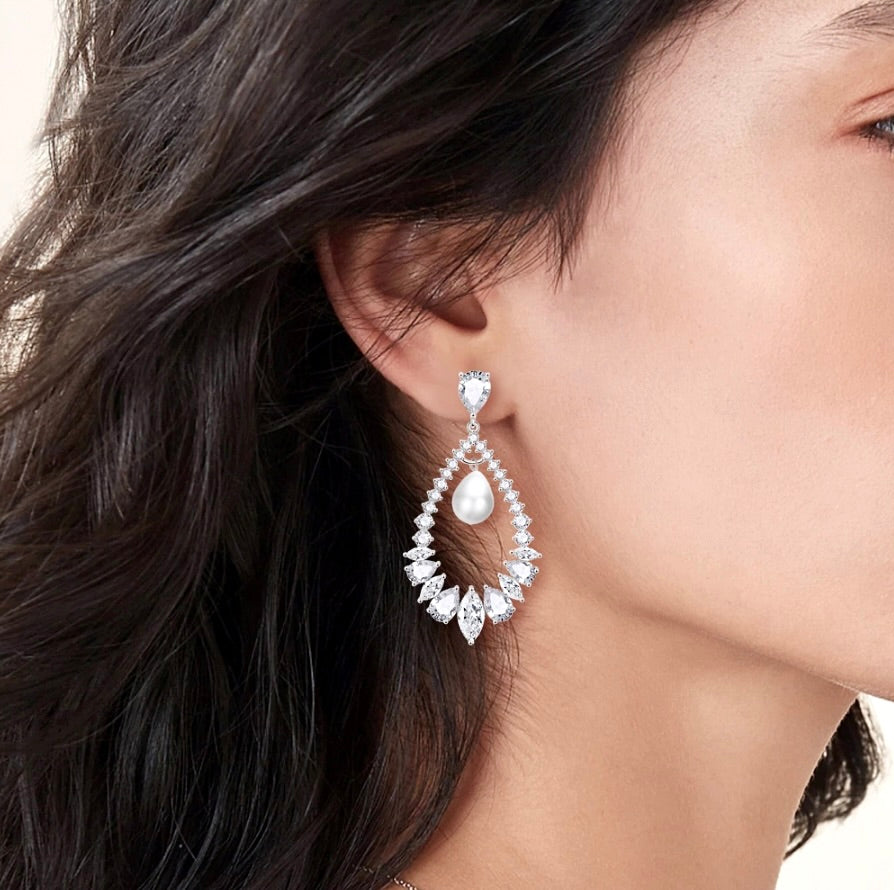 Kaitlynn - Pearl and Cubic Zirconia Bridal Earrings - Available in Silver and Rose Gold