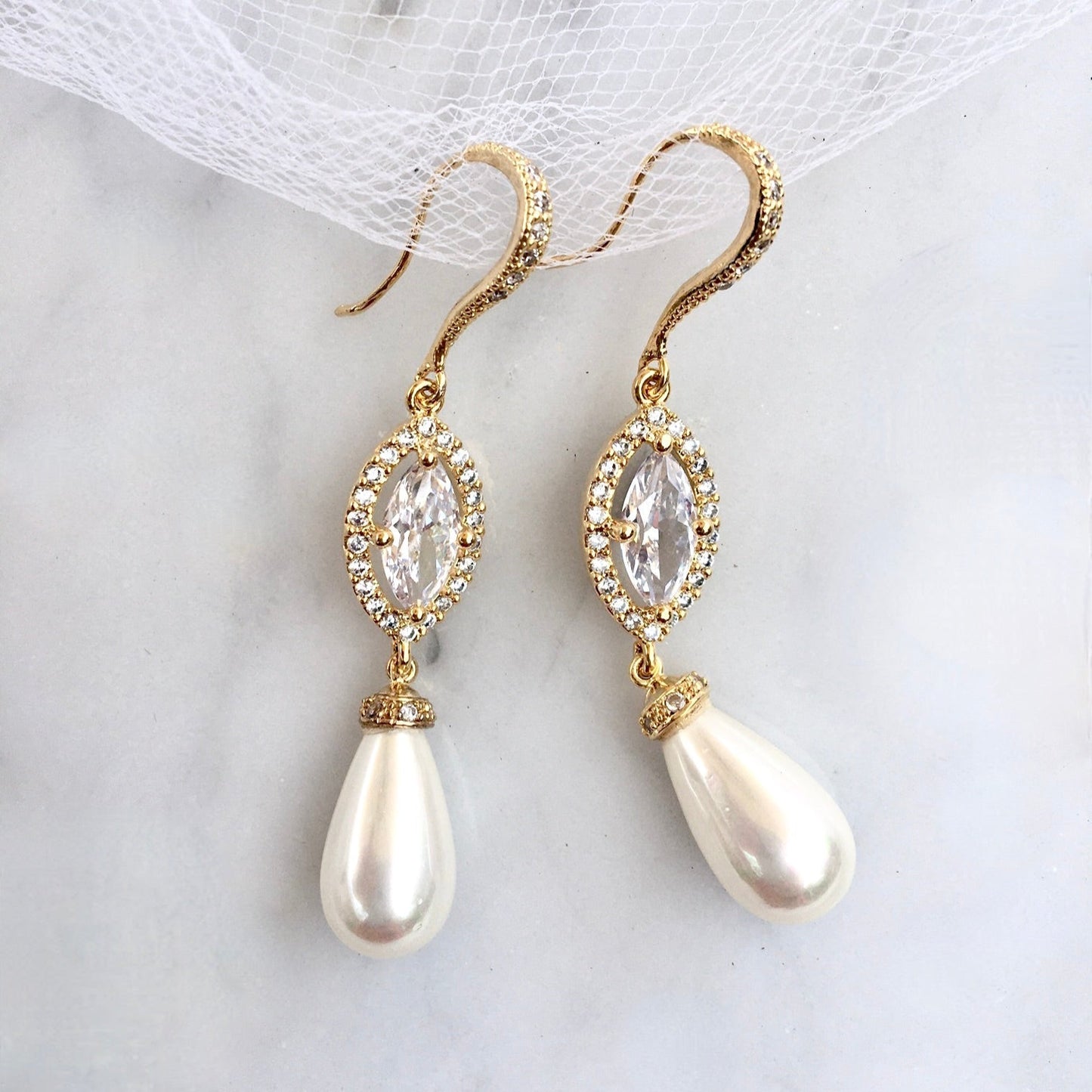Andiana - Pearl and CZ Bridal Earrings - Available in Silver and Yellow Gold