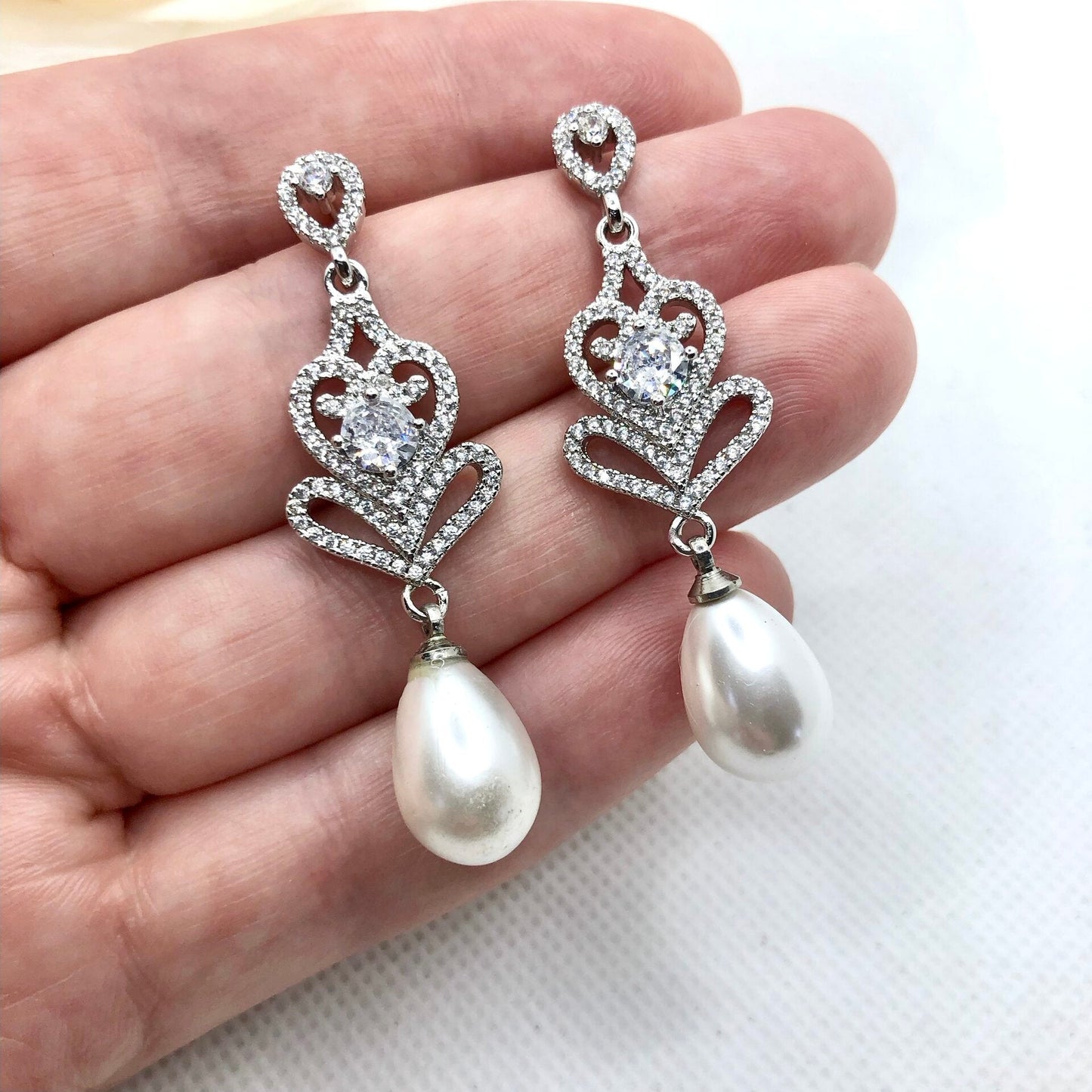 Hilton - Pearl and Cubic Zirconia Bridal Earrings - Available in Silver and Rose Gold