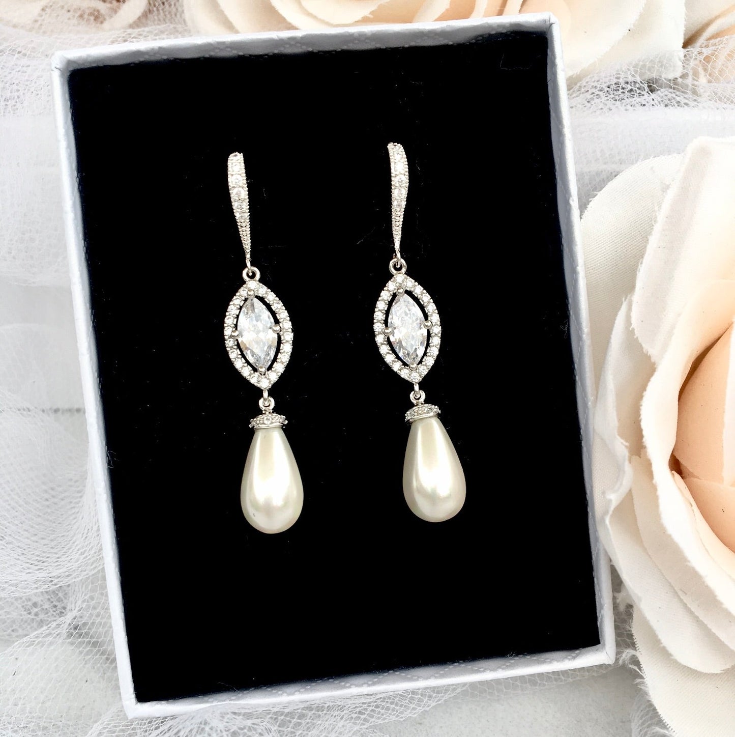 Andiana - Pearl and CZ Bridal Earrings - Available in Silver and Yellow Gold
