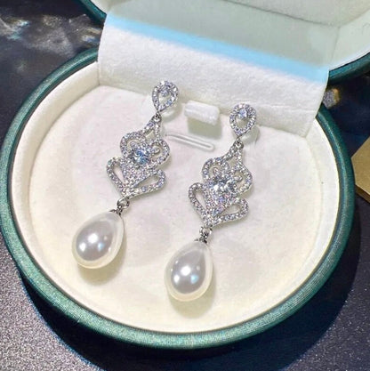 Hilton - Pearl and Cubic Zirconia Bridal Earrings - Available in Silver and Rose Gold