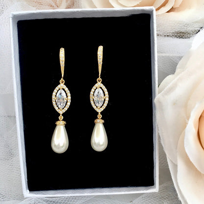 Andiana - Pearl and CZ Bridal Earrings - Available in Silver and Yellow Gold