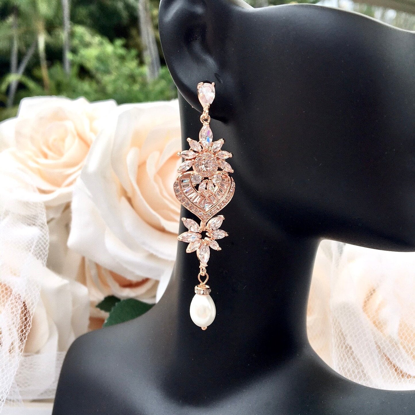 Eudora - Art Deco Pearl and CZ Bridal Earrings - Available in Silver, Rose Gold and Yellow Gold