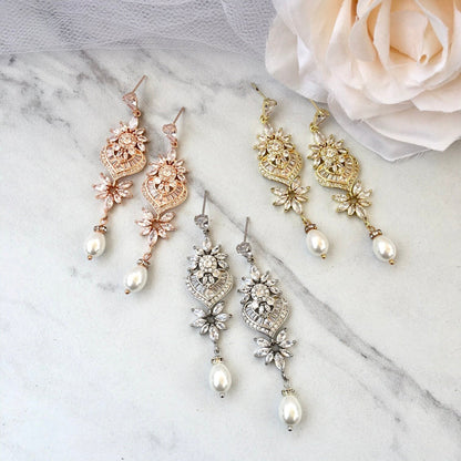 Eudora - Art Deco Pearl and CZ Bridal Earrings - Available in Silver, Rose Gold and Yellow Gold