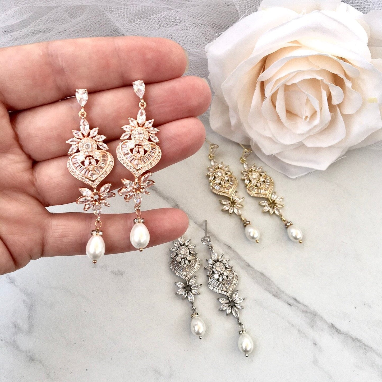 Eudora - Art Deco Pearl and CZ Bridal Earrings - Available in Silver, Rose Gold and Yellow Gold