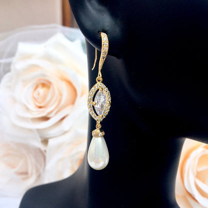 Andiana - Pearl and CZ Bridal Earrings - Available in Silver and Yellow Gold