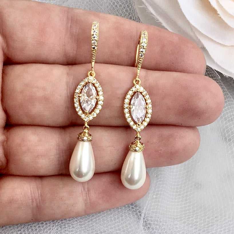Andiana - Pearl and CZ Bridal Earrings - Available in Silver and Yellow Gold