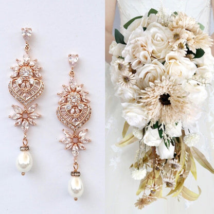Eudora - Art Deco Pearl and CZ Bridal Earrings - Available in Silver, Rose Gold and Yellow Gold