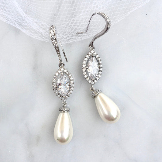Andiana - Pearl and CZ Bridal Earrings - Available in Silver and Yellow Gold