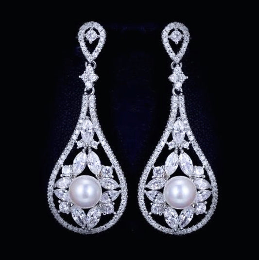 Josephine - Pearl and Cubic Zirconia Bridal Earrings