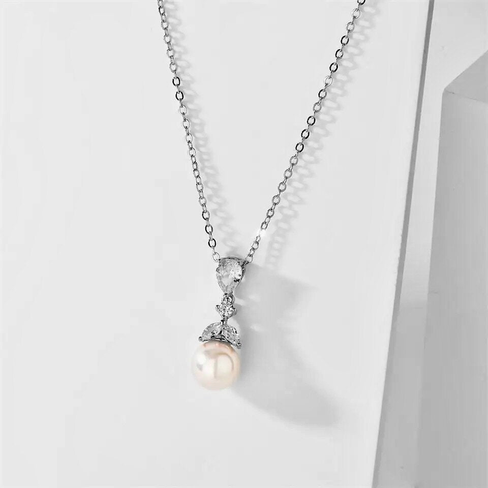 Chantria - Pearl and Cubic Zirconia Bridal Necklace - Available in Rose Gold and Silver