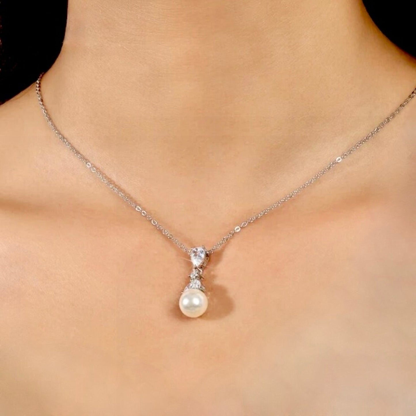 Chantria - Pearl and Cubic Zirconia Bridal Necklace - Available in Rose Gold and Silver