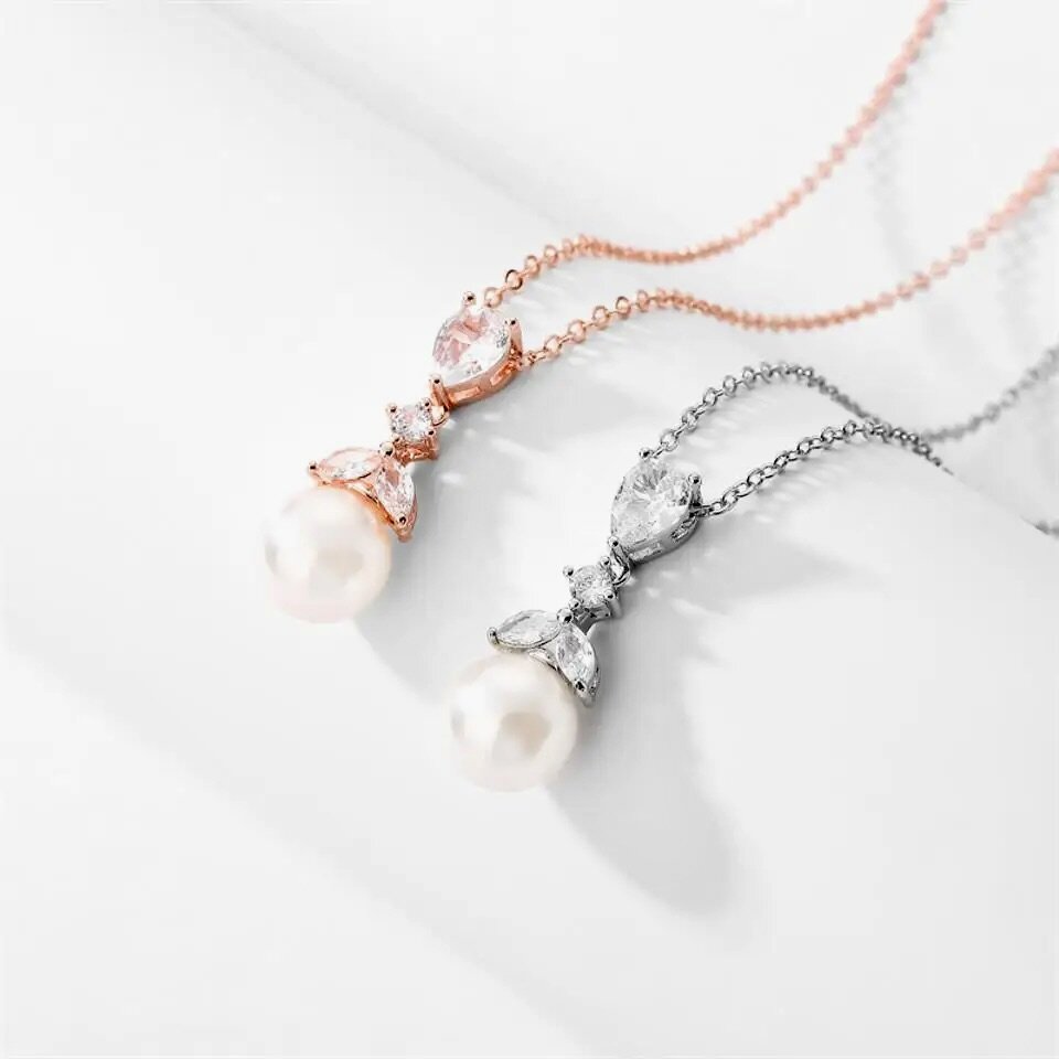 Chantria - Pearl and Cubic Zirconia Bridal Jewelry Set - Available in Rose Gold and Silver