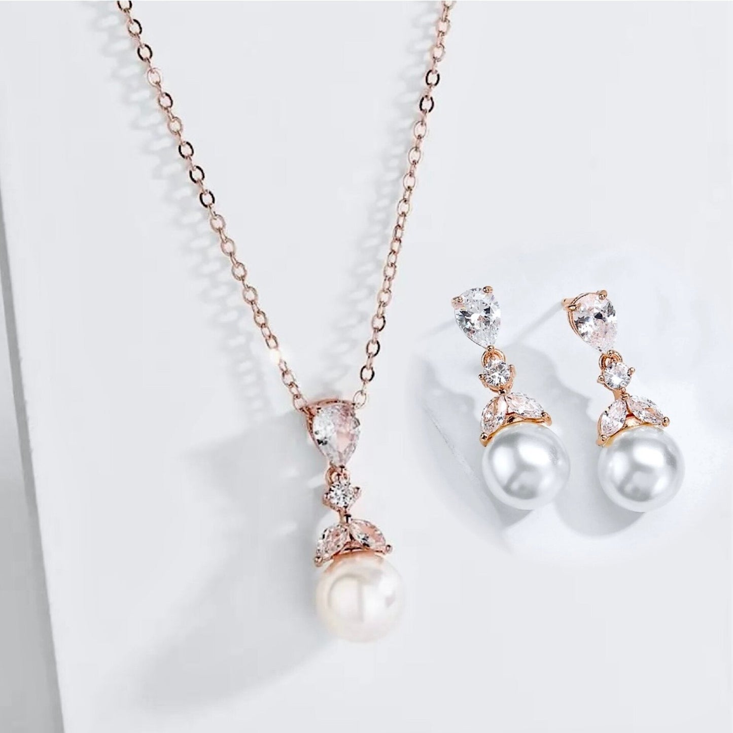 Chantria - Pearl and Cubic Zirconia Bridal Jewelry Set - Available in Rose Gold and Silver