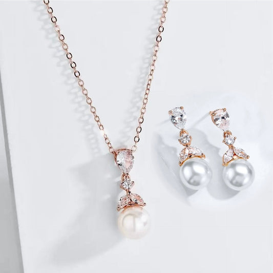 Chantria - Pearl and Cubic Zirconia Bridal Jewelry Set - Available in Rose Gold and Silver