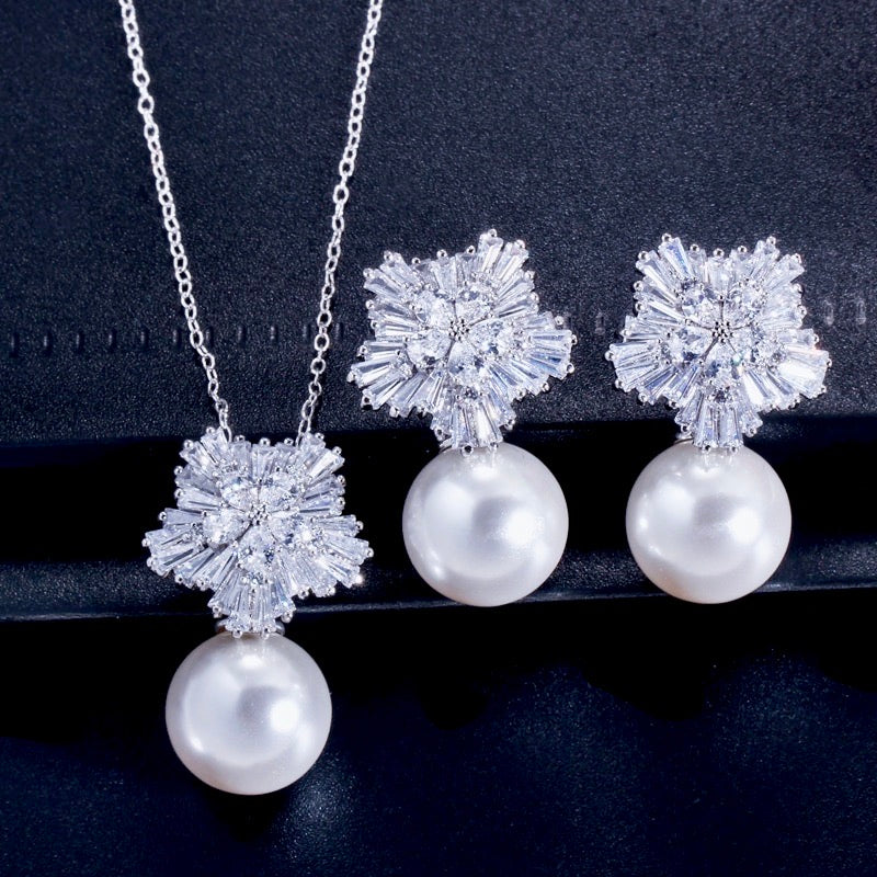 Alba - Pearl and Cubic Zirconia Snowflake Bridal Jewelry Set - More Colors