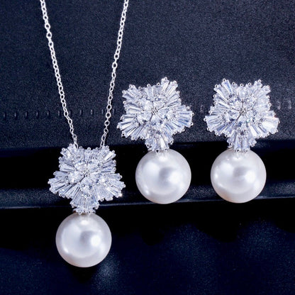 Alba - Pearl and Cubic Zirconia Snowflake Bridal Jewelry Set - More Colors