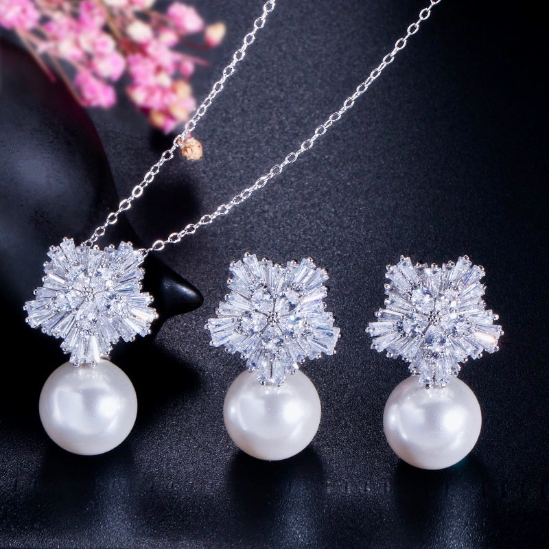 Alba - Pearl and Cubic Zirconia Snowflake Bridal Jewelry Set - More Colors