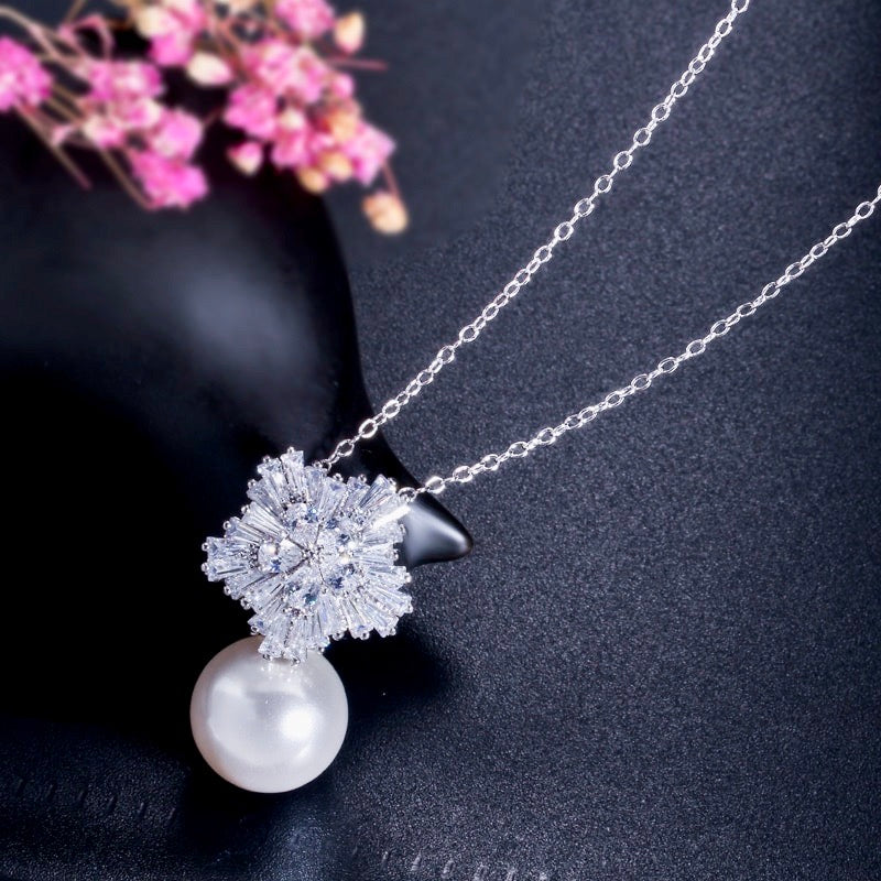 Alba - Pearl and Cubic Zirconia Snowflake Bridal Jewelry Set - More Colors