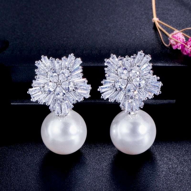 Alba - Pearl and Cubic Zirconia Snowflake Bridal Jewelry Set - More Colors
