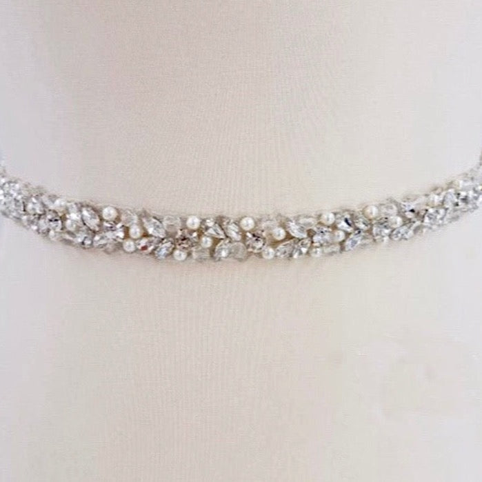 Jordan - Silver Pearl and Crystal Bridal Belt/Sash