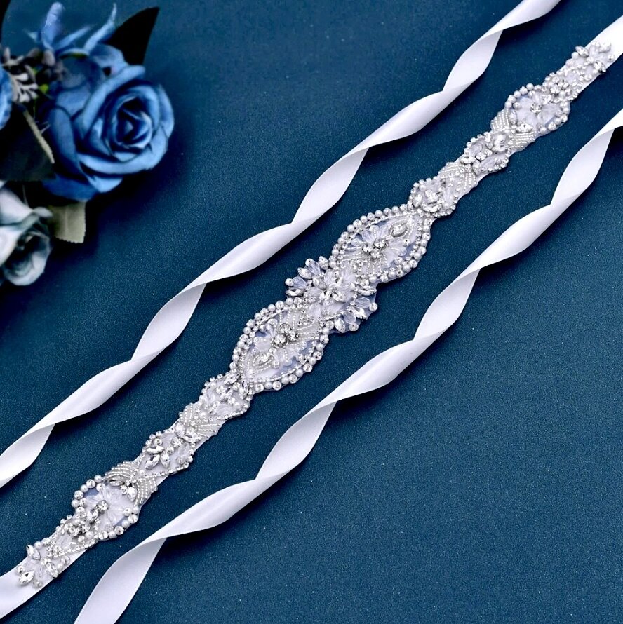 Darcy - Silver Crystal and Pearl Bridal Belt/Sash
