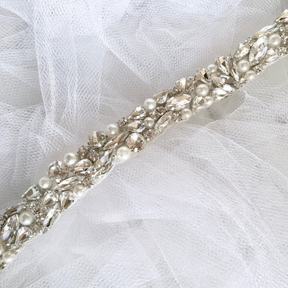 Jordan - Silver Pearl and Crystal Bridal Belt/Sash