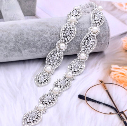 Lennon - Silver Pearl and Crystal Bridal Belt/Sash