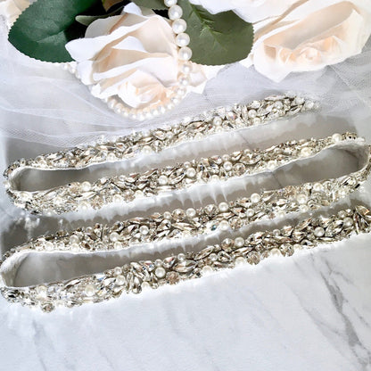 Jordan - Silver Pearl and Crystal Bridal Belt/Sash
