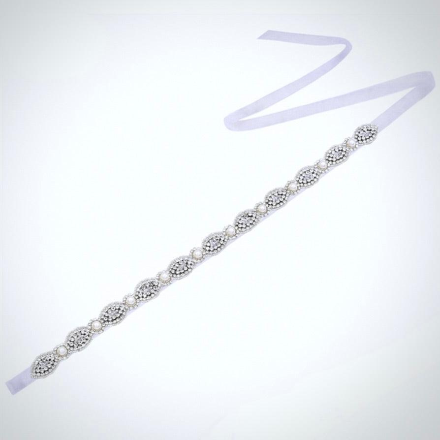 Lennon - Silver Pearl and Crystal Bridal Belt/Sash