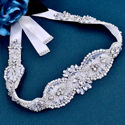 Darcy - Silver Crystal and Pearl Bridal Belt/Sash