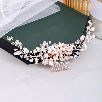"Roseann" - Pearl and Crystal Bridal Hair Comb - Available in Silver, Rose Gold and Yellow Gold