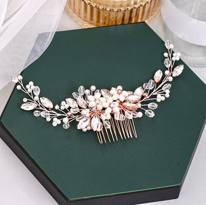 "Roseann" - Pearl and Crystal Bridal Hair Comb - Available in Silver, Rose Gold and Yellow Gold