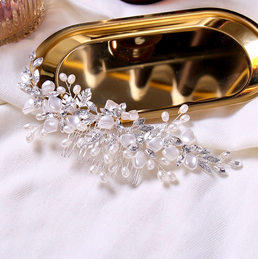 "Layla" - Silver Pearl and Crystal Bridal Hair Comb