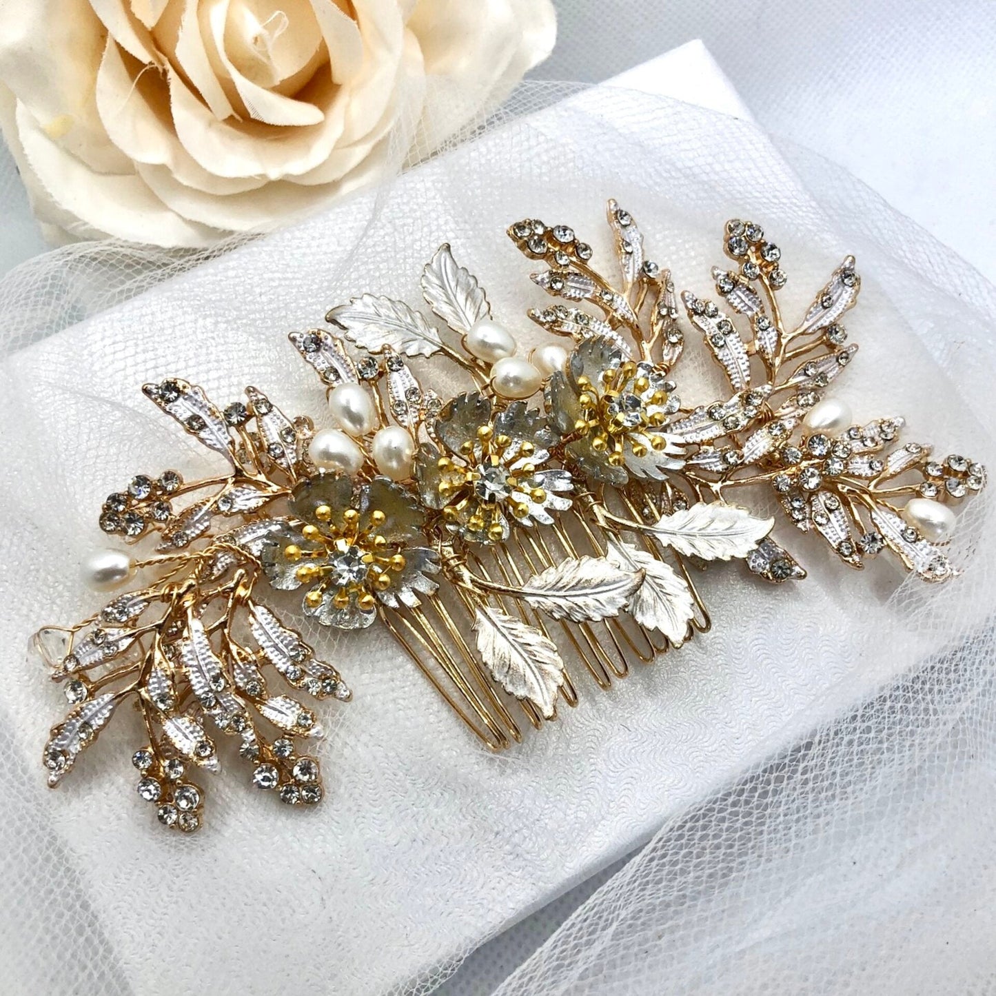 "Aletta" - Pearl and Crystal Bridal Hair Comb - Available in Silver and Gold