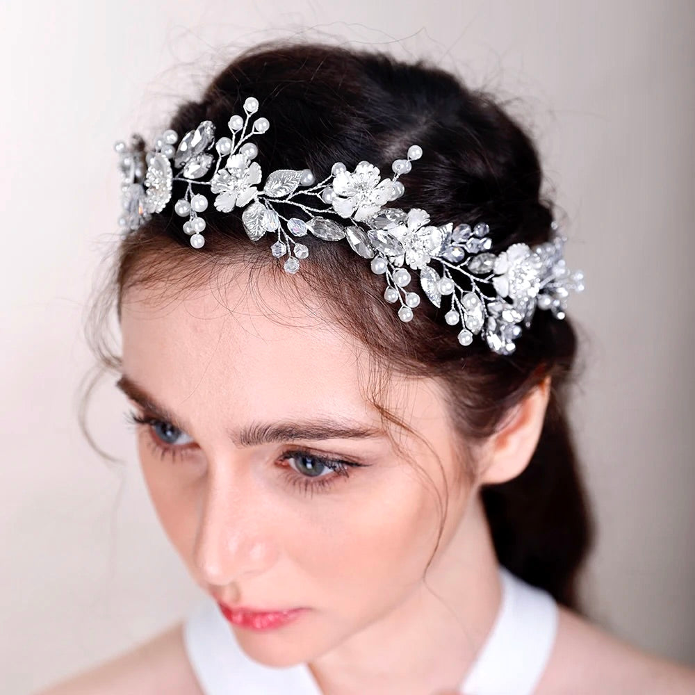 "Maven" - Pearl and Crystal Bridal Headband - Available in Silver and Gold