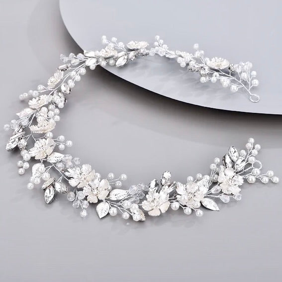 "Maven" - Pearl and Crystal Bridal Headband - Available in Silver and Gold