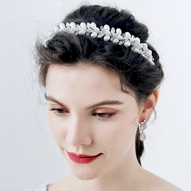 "Shayla" - Pearl and Crystal Bridal Headband - Available in Silver, Rose Gold and Yellow Gold