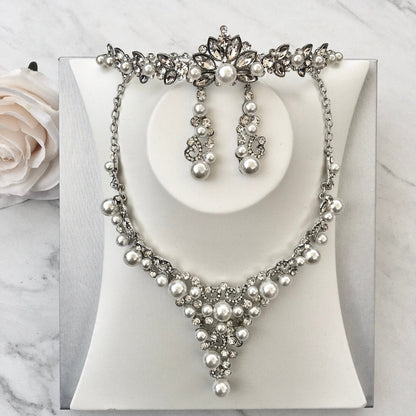 "Naomi" - Pearl and Crystal Bridal Jewelry Set With Tiara
