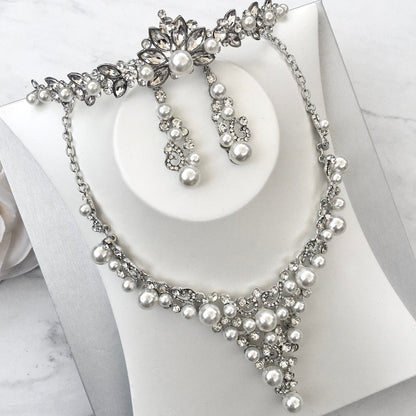 "Naomi" - Pearl and Crystal Bridal Jewelry Set With Tiara