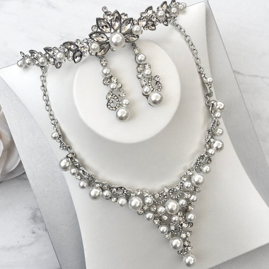 "Naomi" - Pearl and Crystal Bridal Jewelry Set With Tiara