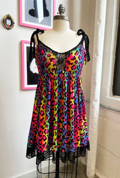 * PRE ORDER* Josie Babydoll Dress in Rainbow Leopard Mesh