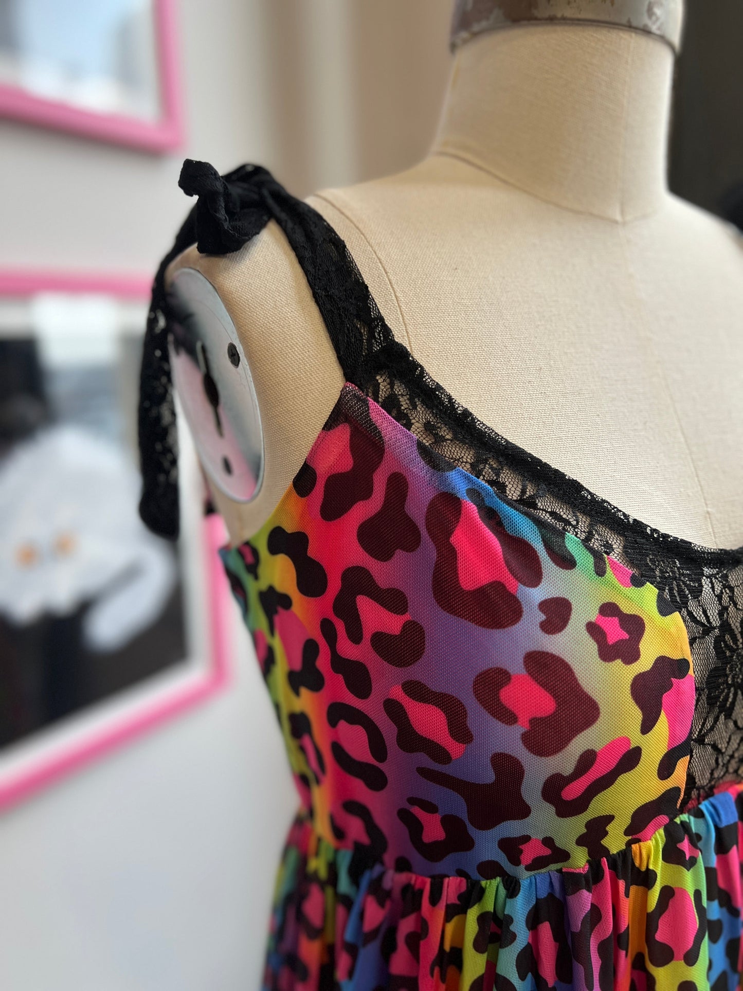 * PRE ORDER* Josie Babydoll Dress in Rainbow Leopard Mesh