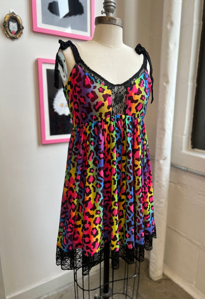 * PRE ORDER* Josie Babydoll Dress in Rainbow Leopard Mesh