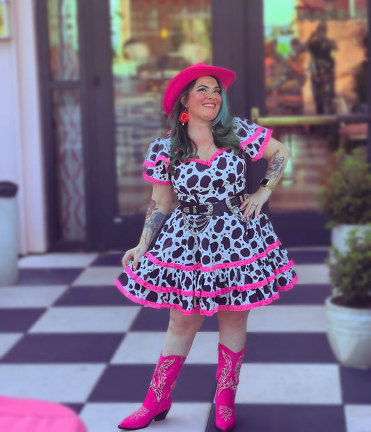 *PRE ORDER* Adelaide Mini Swing dress in Bessie Moo print
