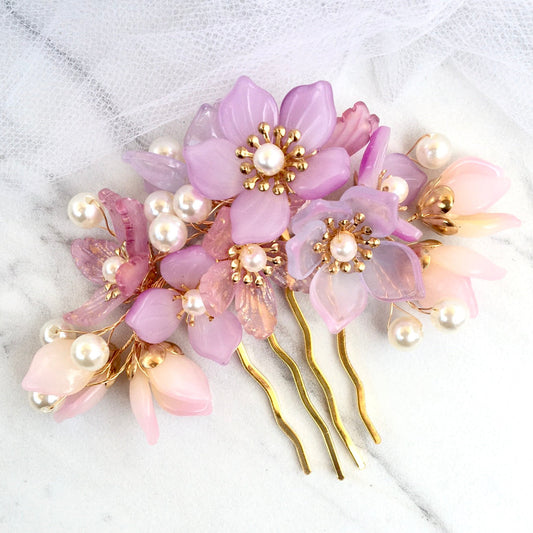 Amery - Pink Pearl and Glass Flowers Bridal Hair Comb