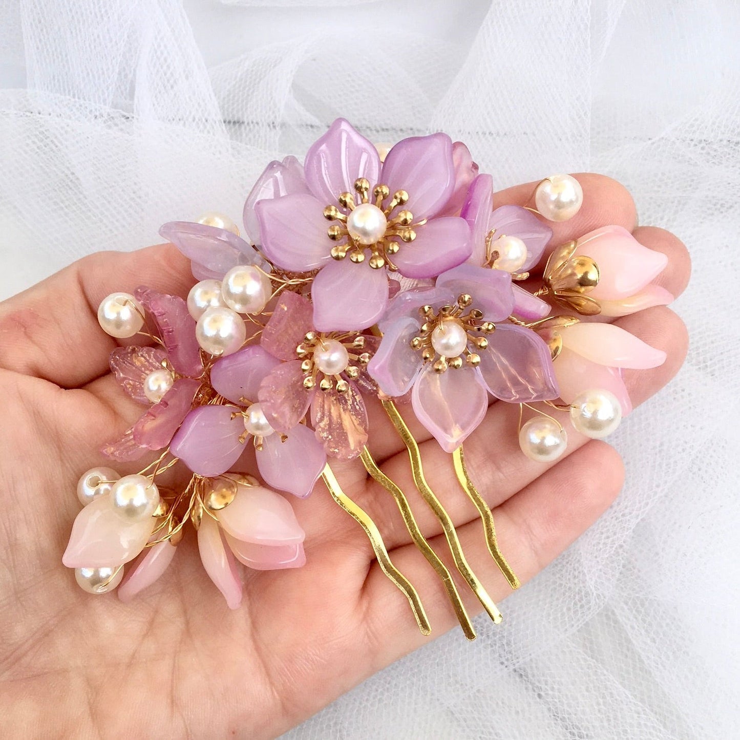 Amery - Pink Pearl and Glass Flowers Bridal Hair Comb