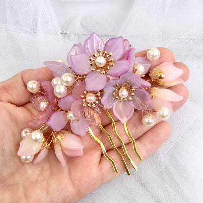 Amery - Pink Pearl and Glass Flowers Bridal Hair Comb
