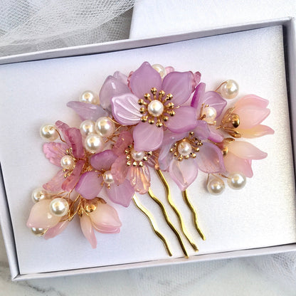 Amery - Pink Pearl and Glass Flowers Bridal Hair Comb